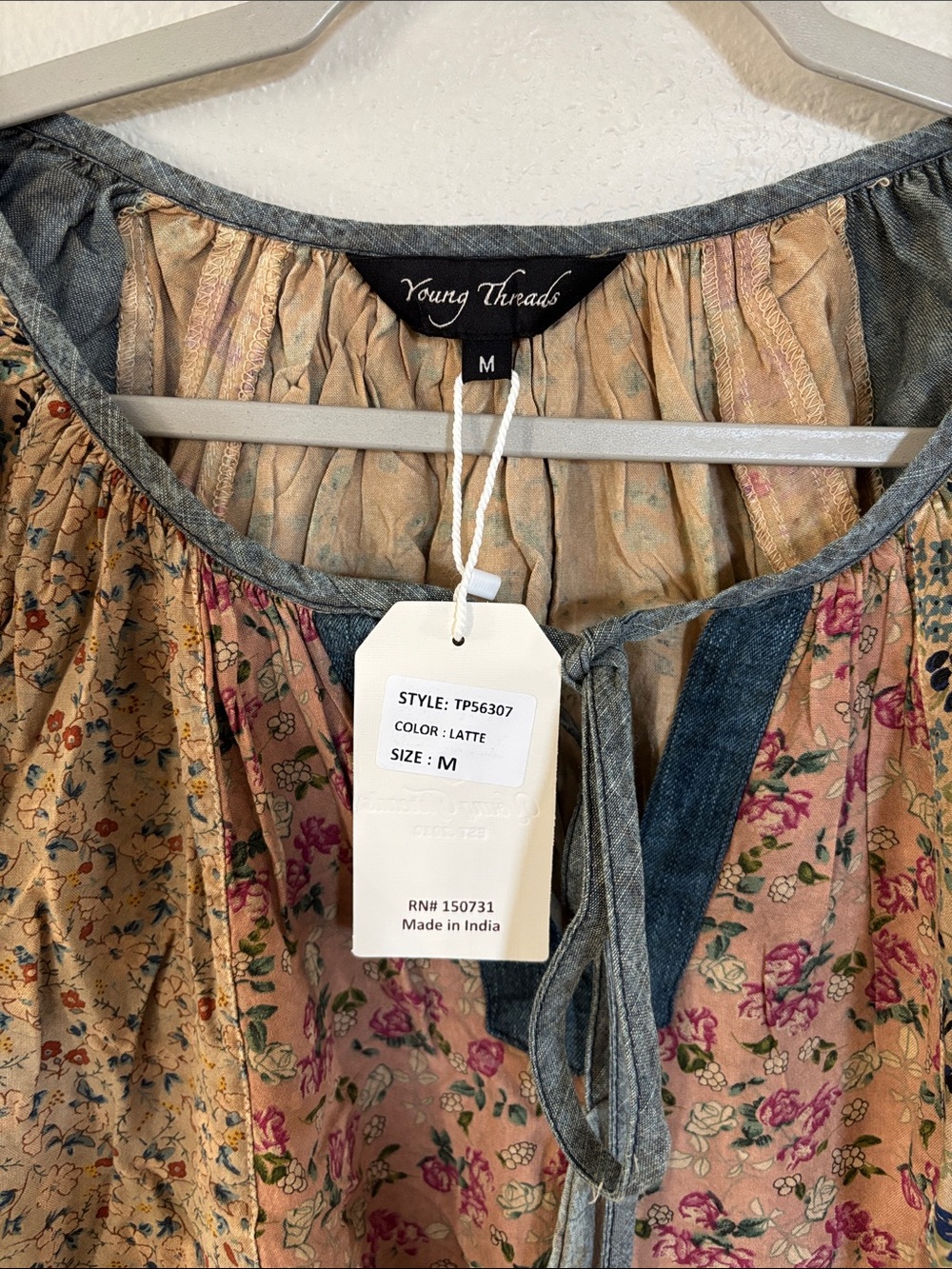 Patchwork Floral Tie-Front Crop Top in Cream, Blue and Pink - Picture 2 of 10